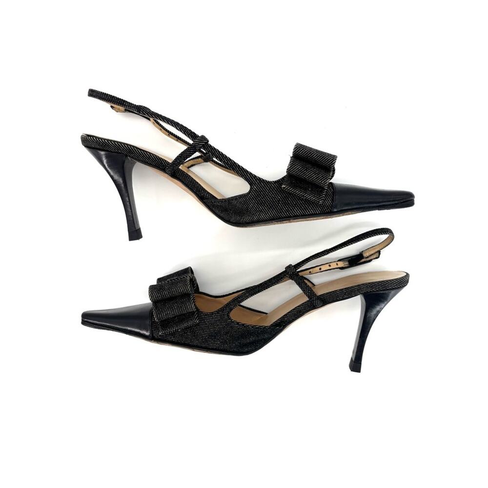 Chanel CC Retro Vintage Lagerfeld Bow Black Denim Slingback Pointed Toe Pumps 35 - Picture 6 of 8